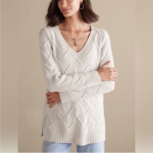 Soft Surroundings Chenille Cable Knit V-Neck Tunic Sweater Ivory Small